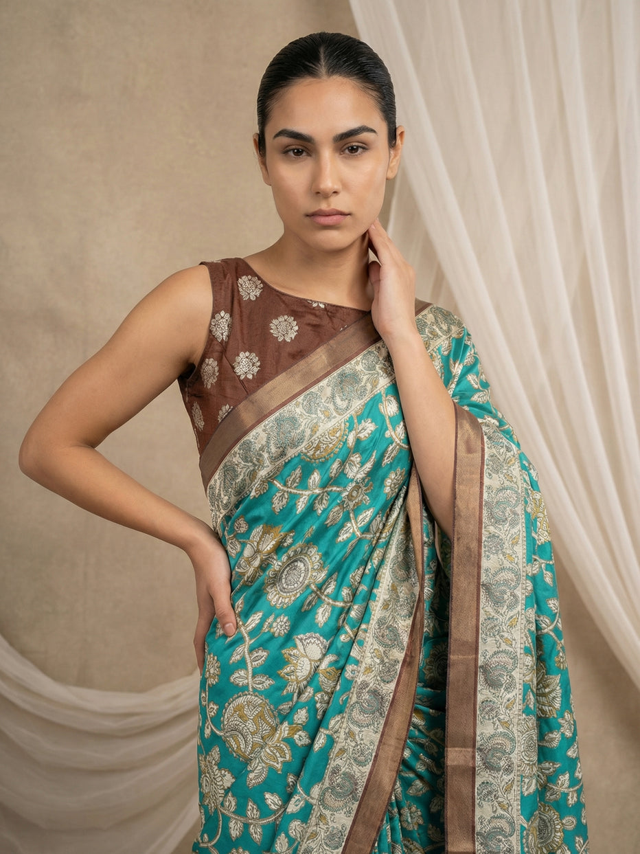 Green Leelawati Pure Tussar Silk Kalamkari Printed Saree