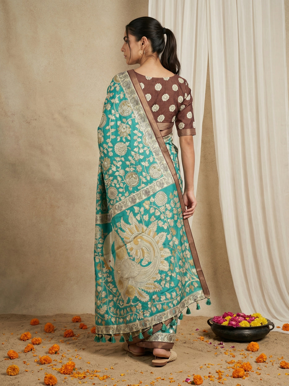 Green Leelawati Pure Tussar Silk Kalamkari Printed Saree