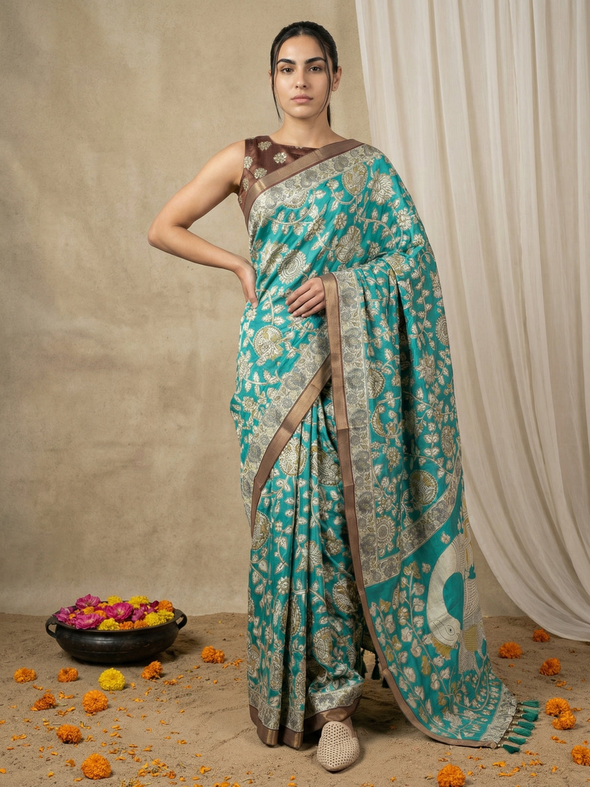 Green Leelawati Pure Tussar Silk Kalamkari Printed Saree