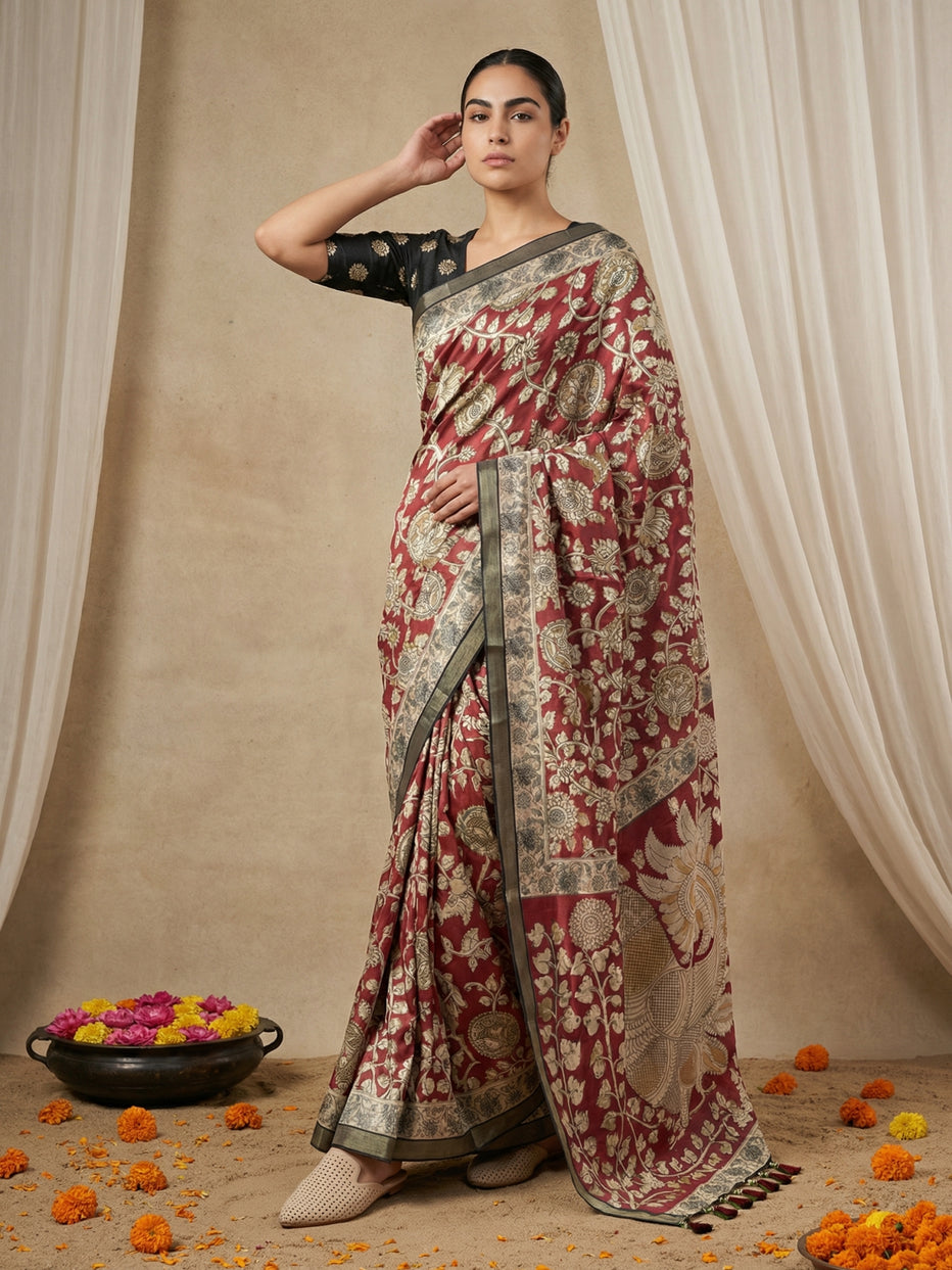Red Leelawati Pure Tussar Silk Kalamkari Printed Saree
