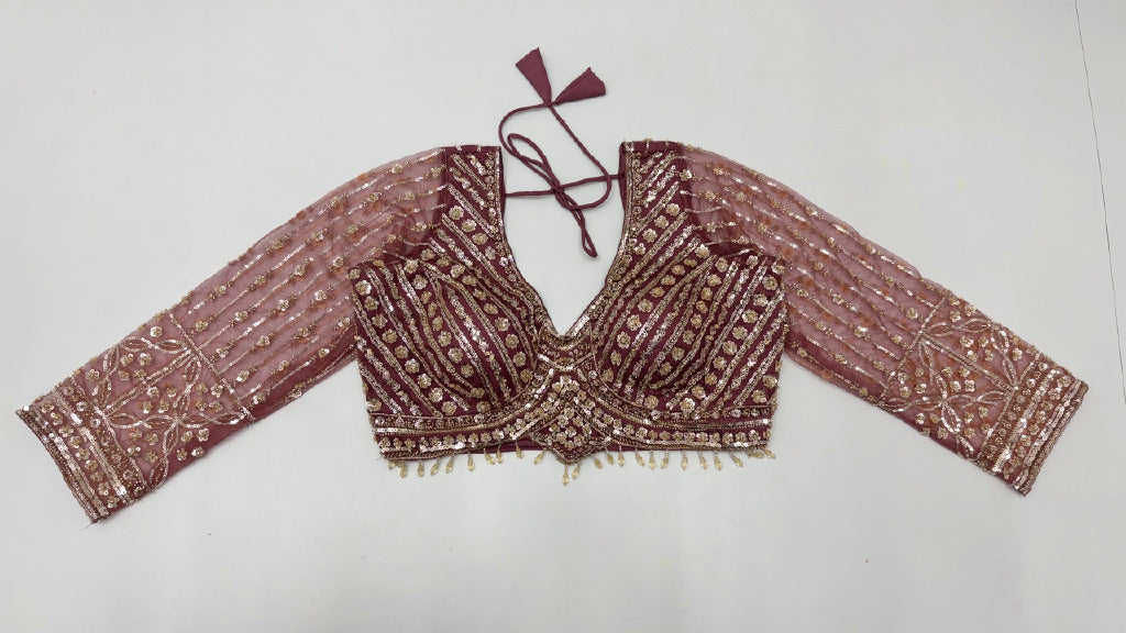 Wine Pure Premium Net Handwork Kasti & Motif Zari Metallic Sequins Work Wedding Saree