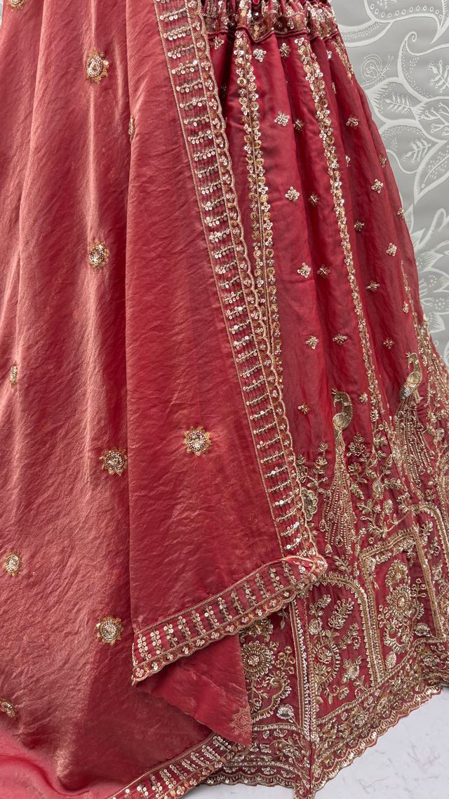 Peach Orange Pure Soft Heavy Fendi Orgenza Sequins Embroidery Work Bridal Lehenga
