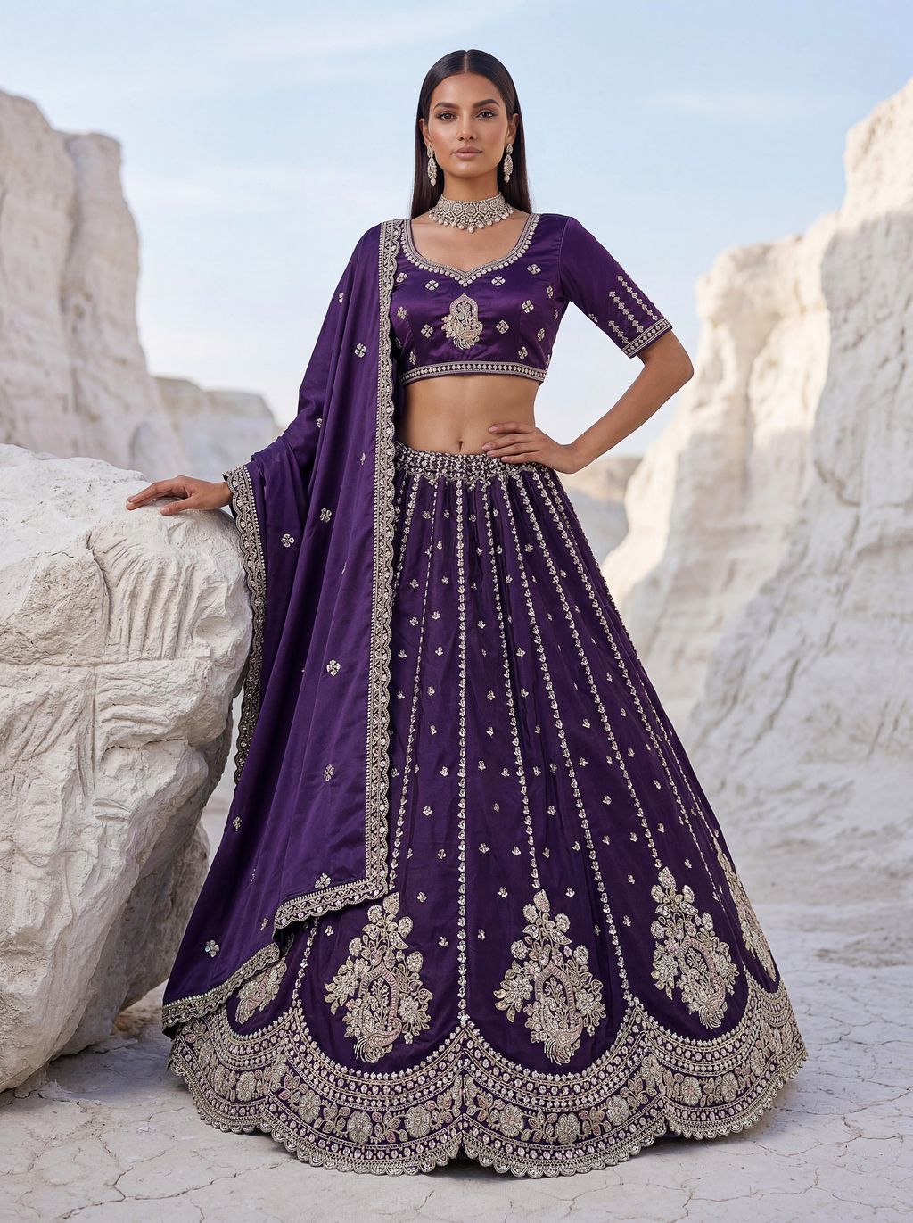 Purple Pure Soft Silk Heavy Sequins Embellishment Work Bridal Lehenga Choli