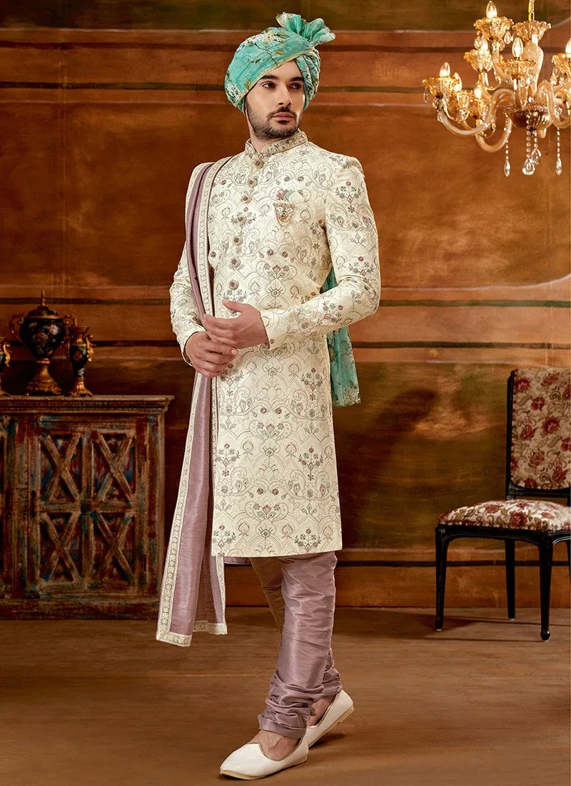 Light Brown and White Colour Designer Exclusive Wedding Wear Sherwani Suit D.No.1038 Anant Tex Exports Private Limited
