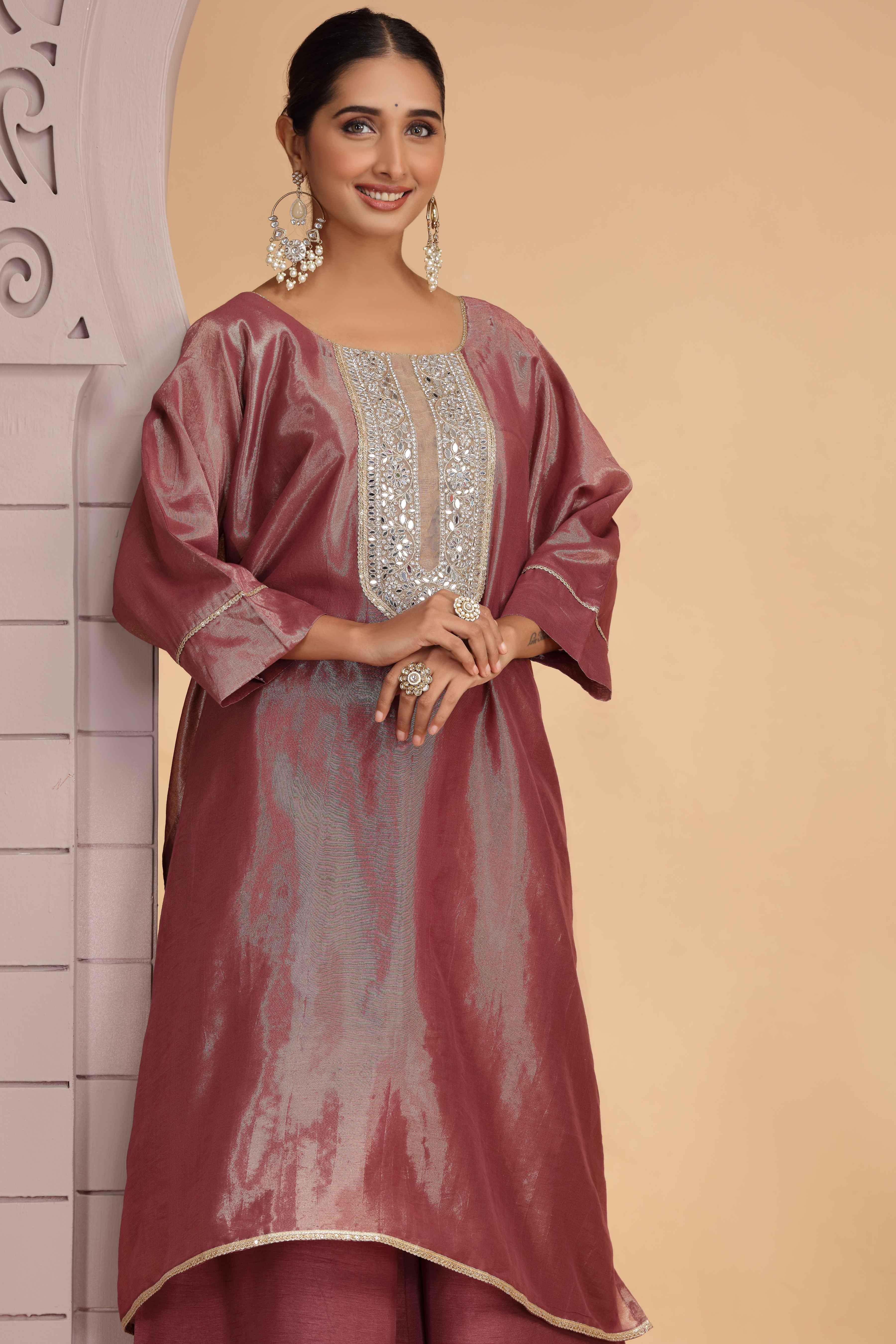 Magenta Orgenza Shimmer A-Line Kurta Set with Palazzo Kurta Set Anant Tex Exports Pvt.Ltd..