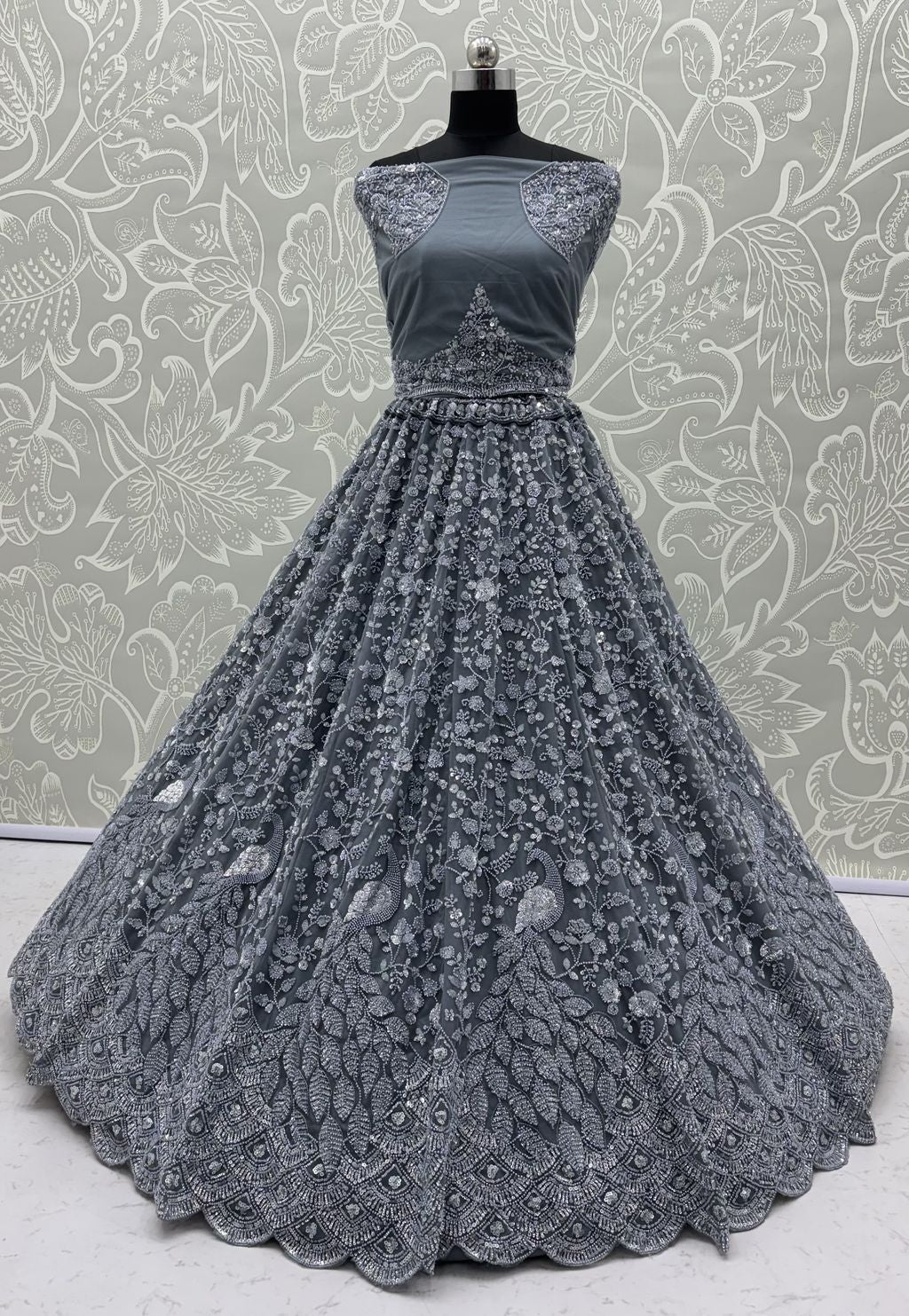 Grey Pure Heavy Net Monochrome Sequins Zari Embroidery Work Net Bridal Lehenga Choli