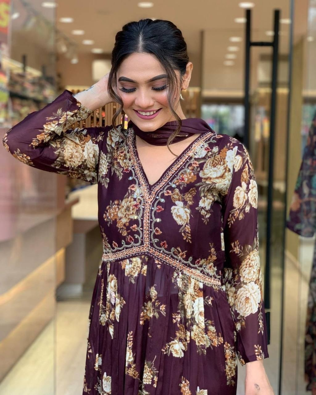 Maroon Floral Georgette Anarkali Kurti with Chinnon Dupatta