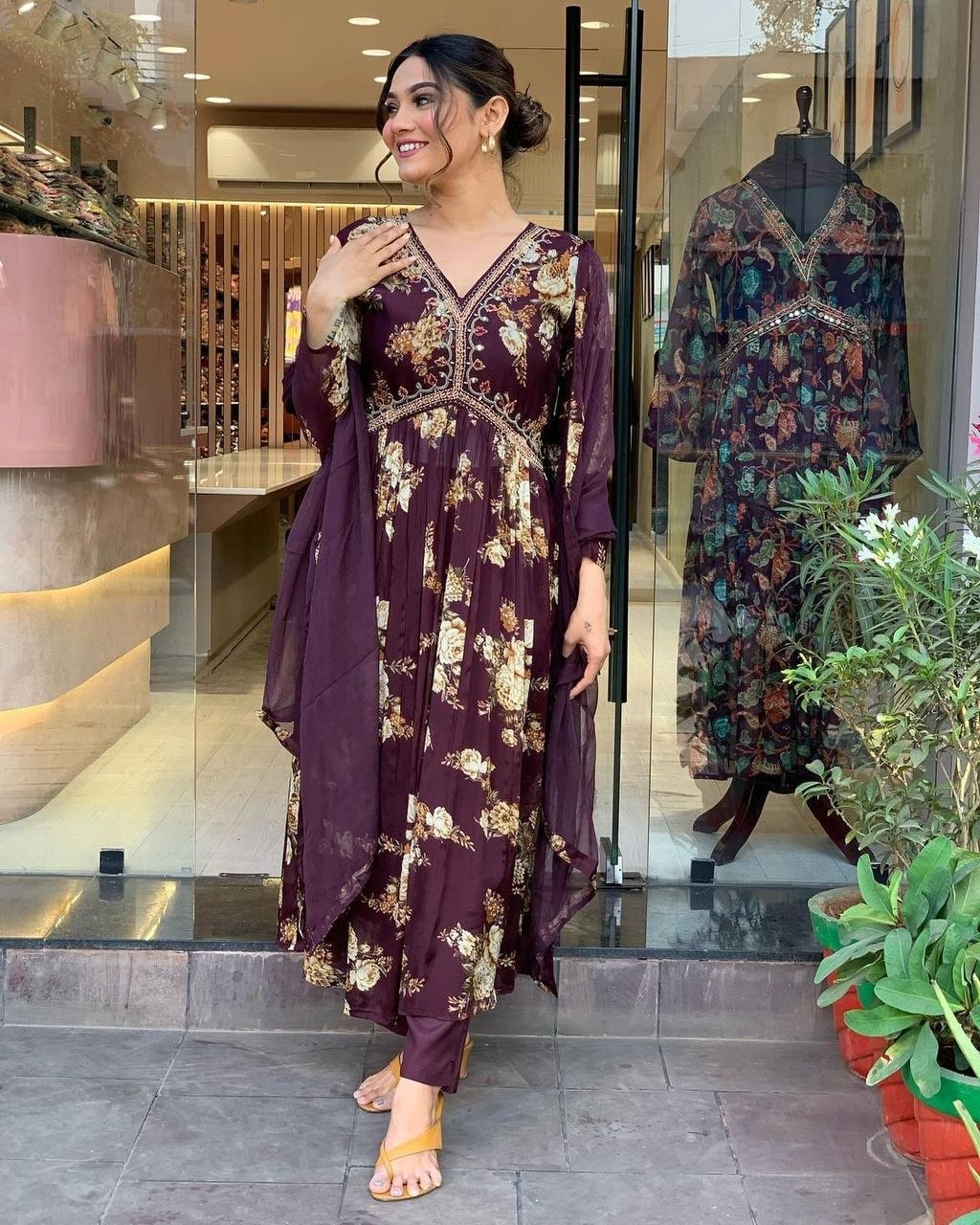 Maroon Floral Georgette Anarkali Kurti with Chinnon Dupatta