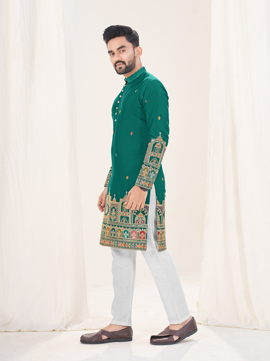Green Pure Soft Georgette Cranchi Silk Heavy Embroidery Work Kurta Pajama Kurta Pajama Anant Tex Exports Pvt.Ltd..