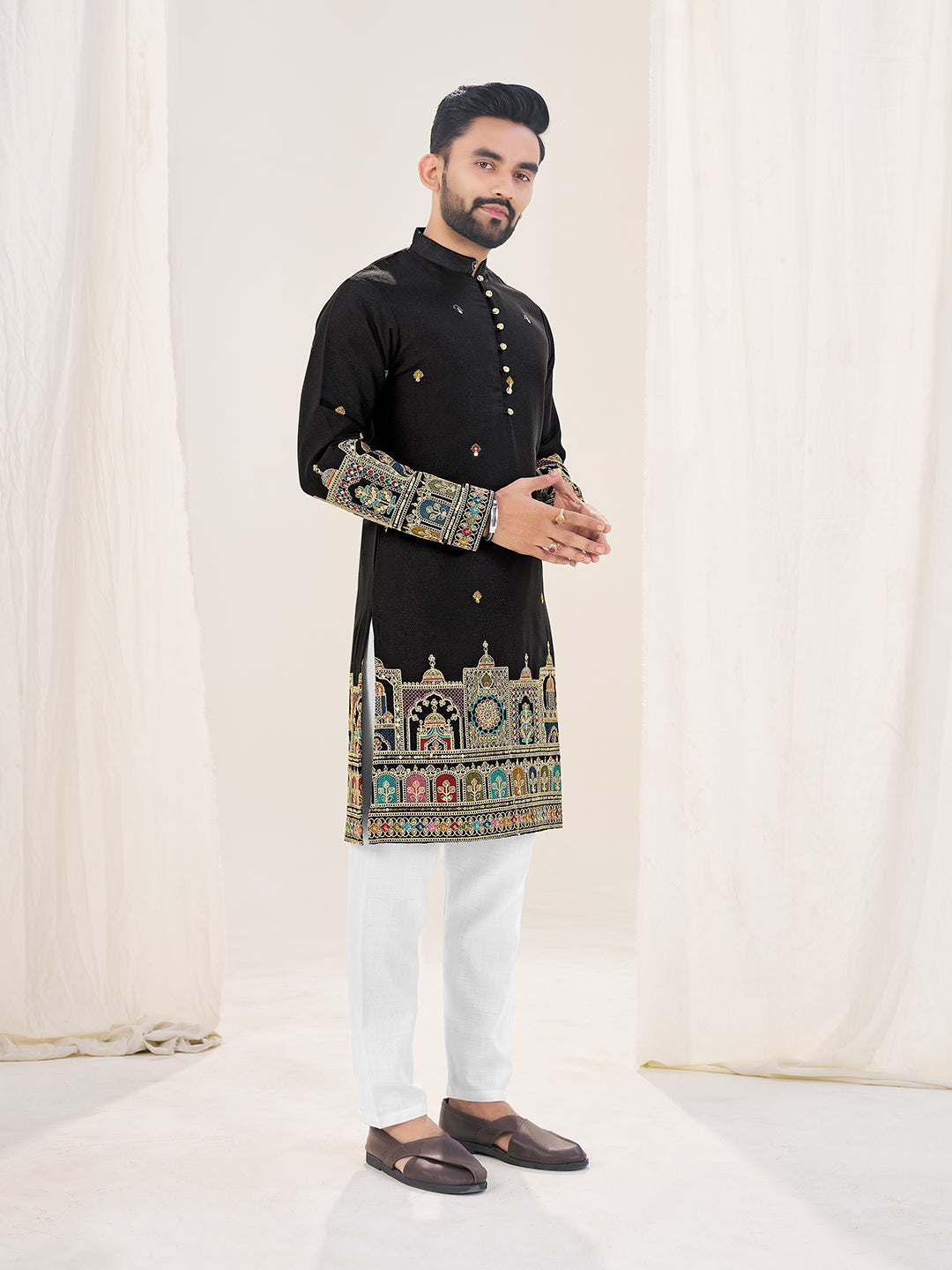 Black Pure Soft Georgette Cranchi Silk Heavy Embroidery Work Kurta Pajama Kurta Pajama Anant Tex Exports Pvt.Ltd..