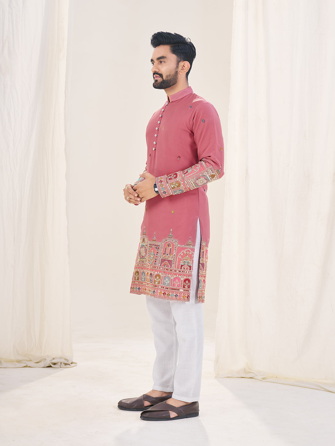 Pink Pure Soft Georgette Cranchi Silk Heavy Embroidery Work Kurta Pajama Kurta Pajama Anant Tex Exports Pvt.Ltd..