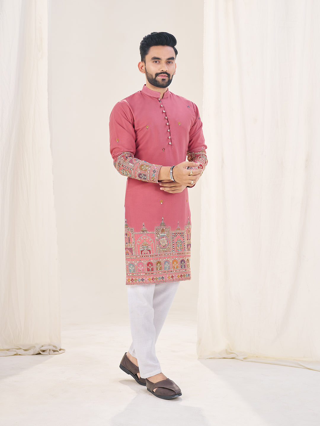 Pink Pure Soft Georgette Cranchi Silk Heavy Embroidery Work Kurta Pajama Kurta Pajama Anant Tex Exports Pvt.Ltd..