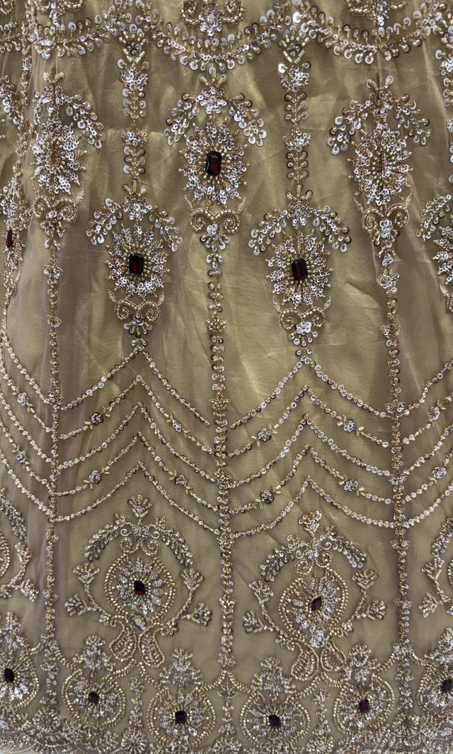 Chicku Pure Fendi Tussaud Silk Crystal Beads work Multi Thread Dori and Sequins Work Sequins Work Bridal Lehenga Choli