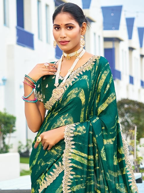 Green Pure Velvet Chiffon With Embroidery Work Chiffon Saree