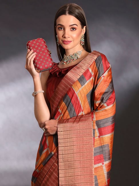 Orange Pure Handi Silk Handloom Saree Row Silk Saree Anant Tex Exports Pvt.Ltd..