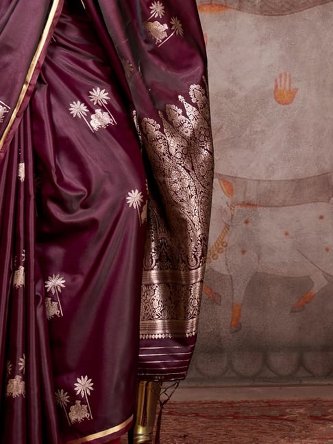 Burgundy Pure Satin Handloom Weaving Saree