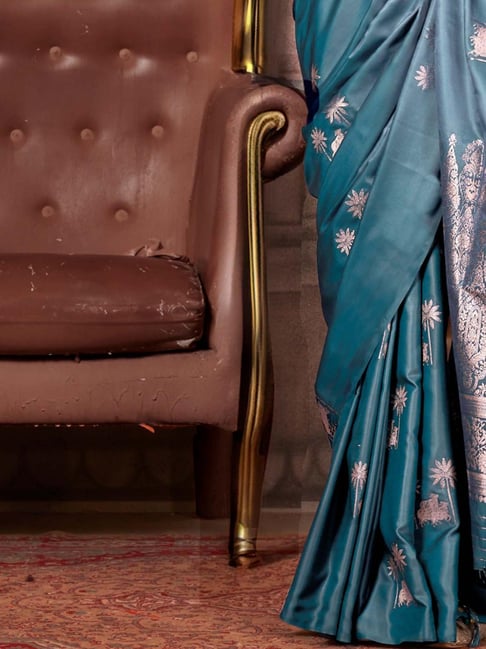 Teal Blue Pure Satin Handloom Weaving Saree