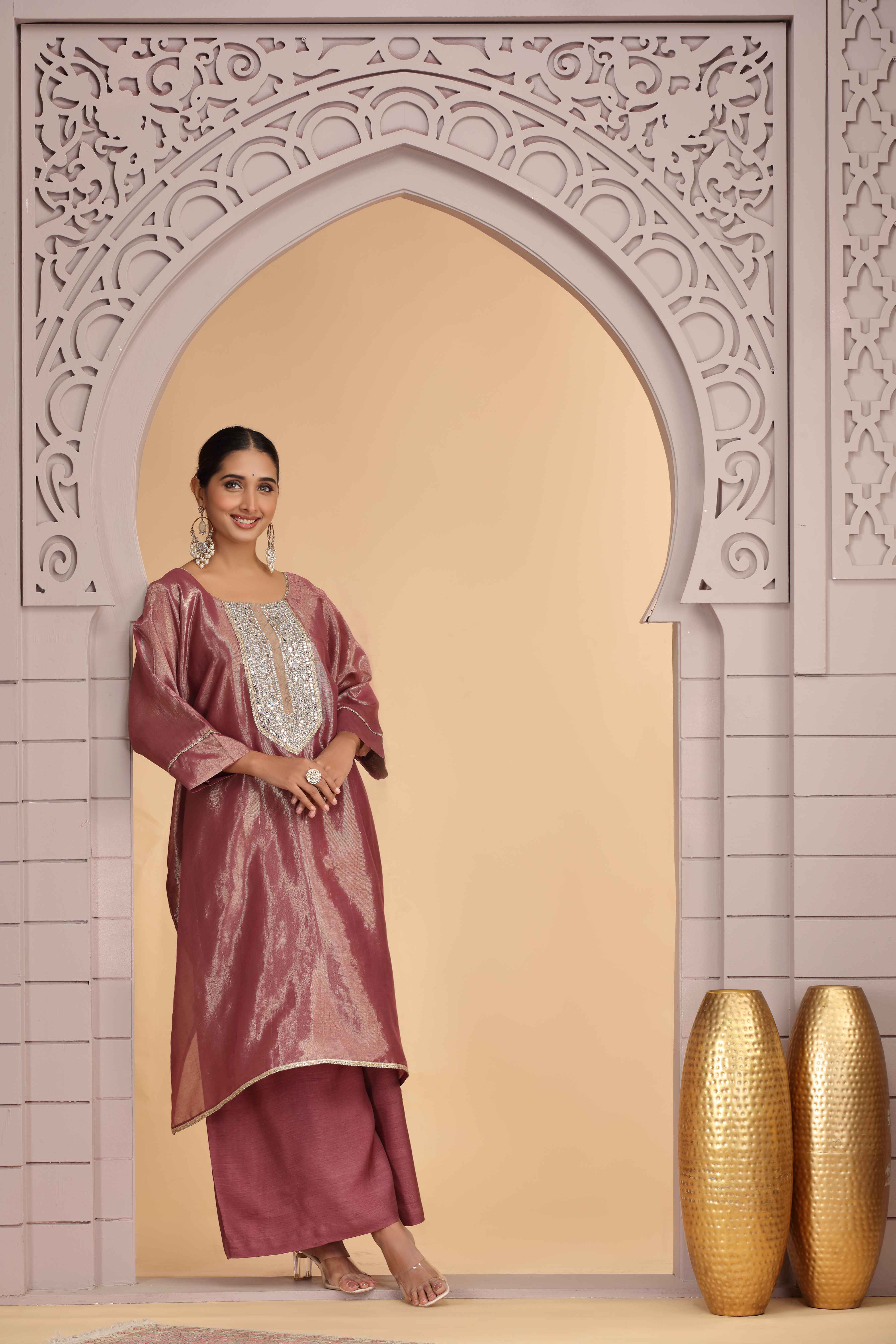 Magenta Orgenza Shimmer A-Line Kurta Set with Palazzo Kurta Set Anant Tex Exports Pvt.Ltd..