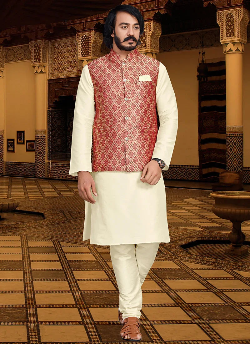 Maroon Colour Outluk 120 Occasion Wear Mens Modi Jacket Kurta Pajama Catalog 12004 - Anant Exports