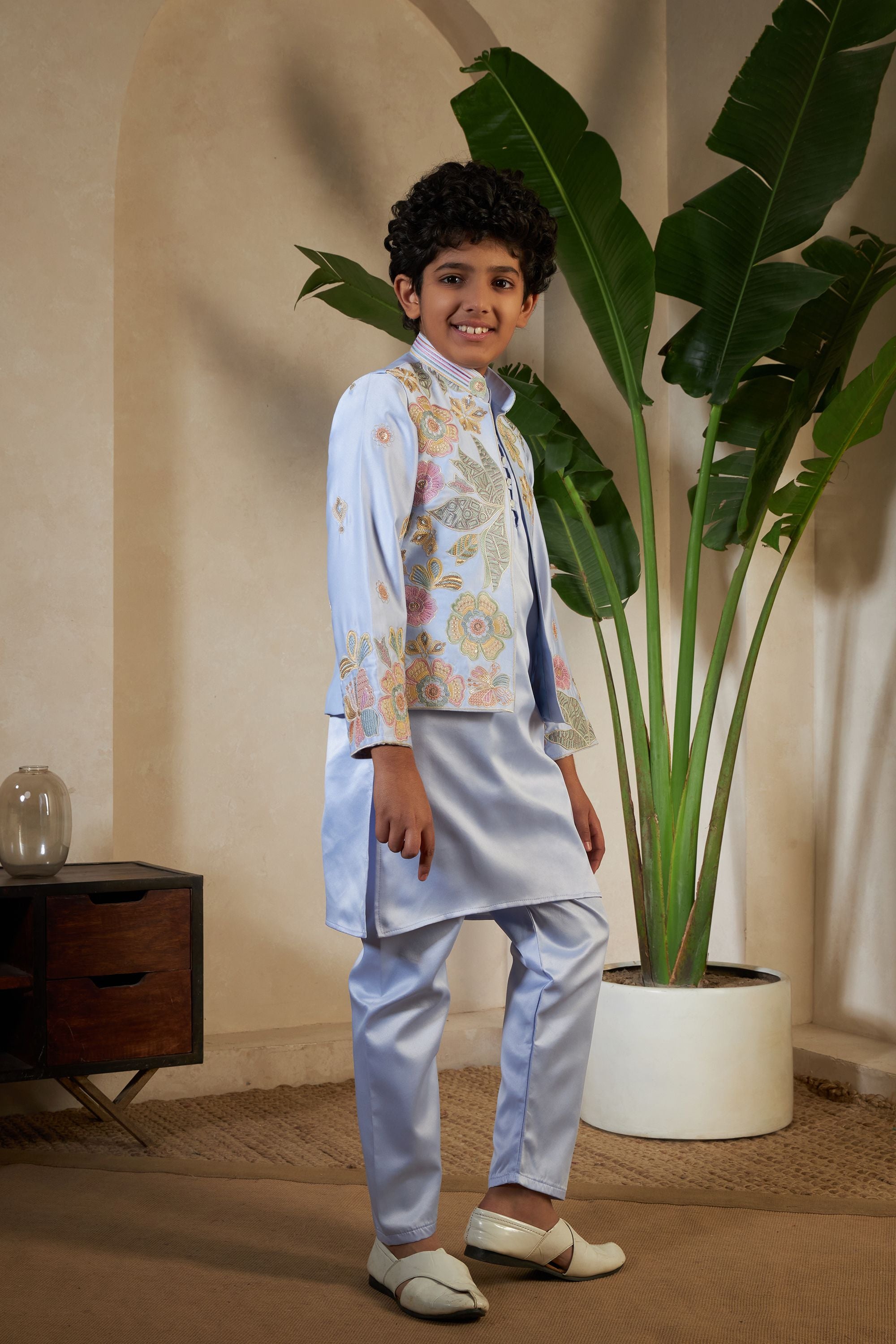Sky Pure Satin Silk Kids Boy Kurta Pajama With Koti Jacket