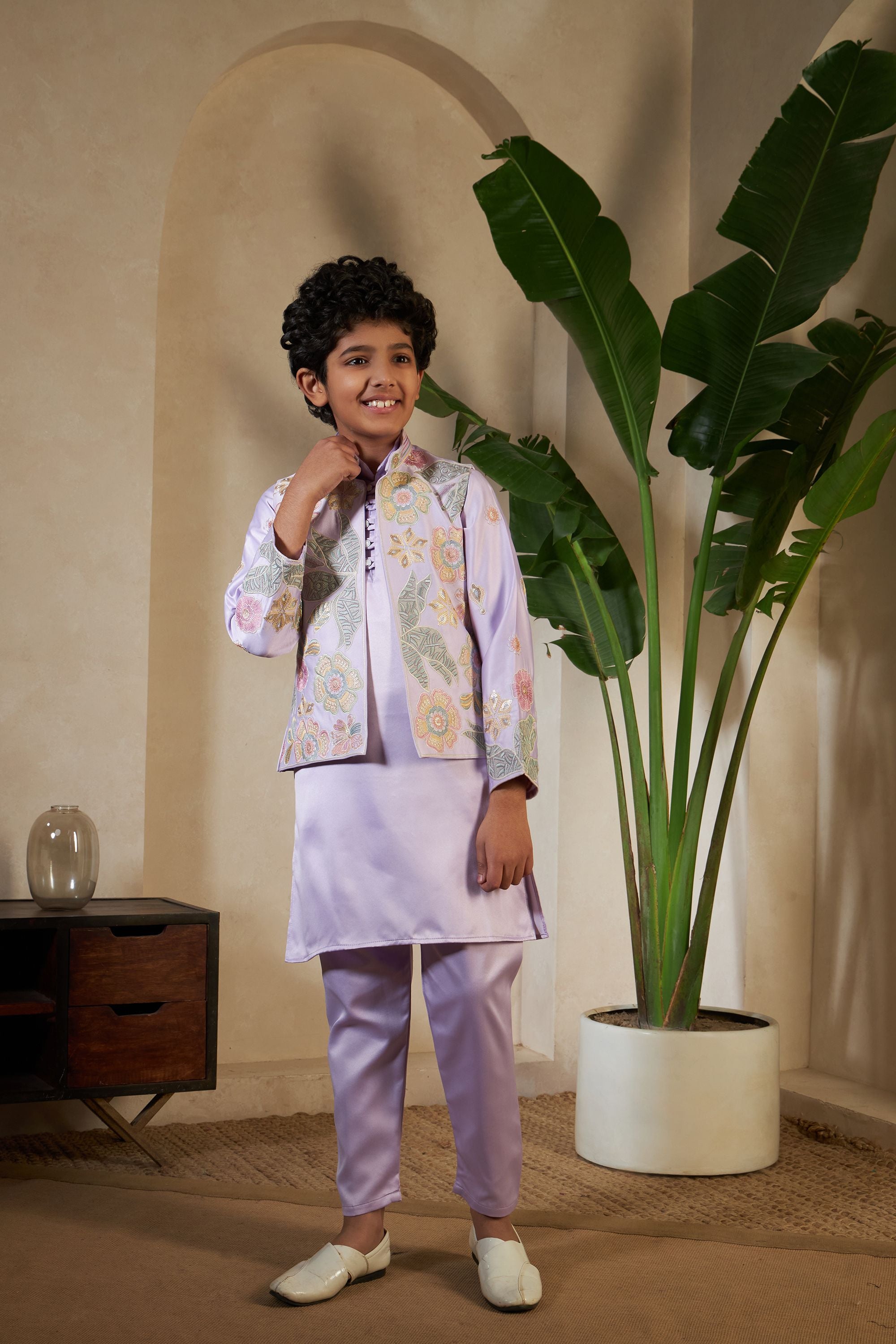 Lavender Pure Satin Silk Kids Boy Kurta Pajama With Koti Jacket