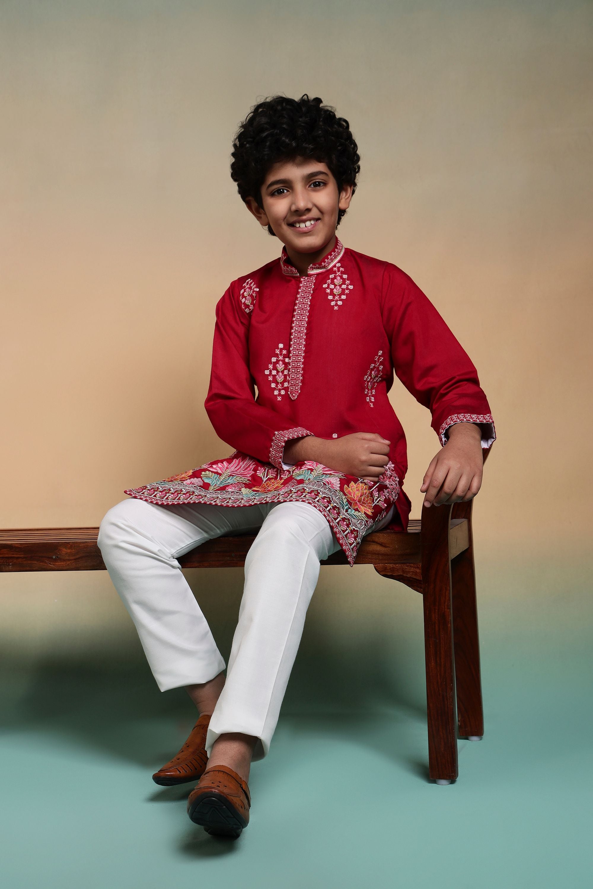 Red Pure Viscose Silk Kids Boy Kurta Pajama