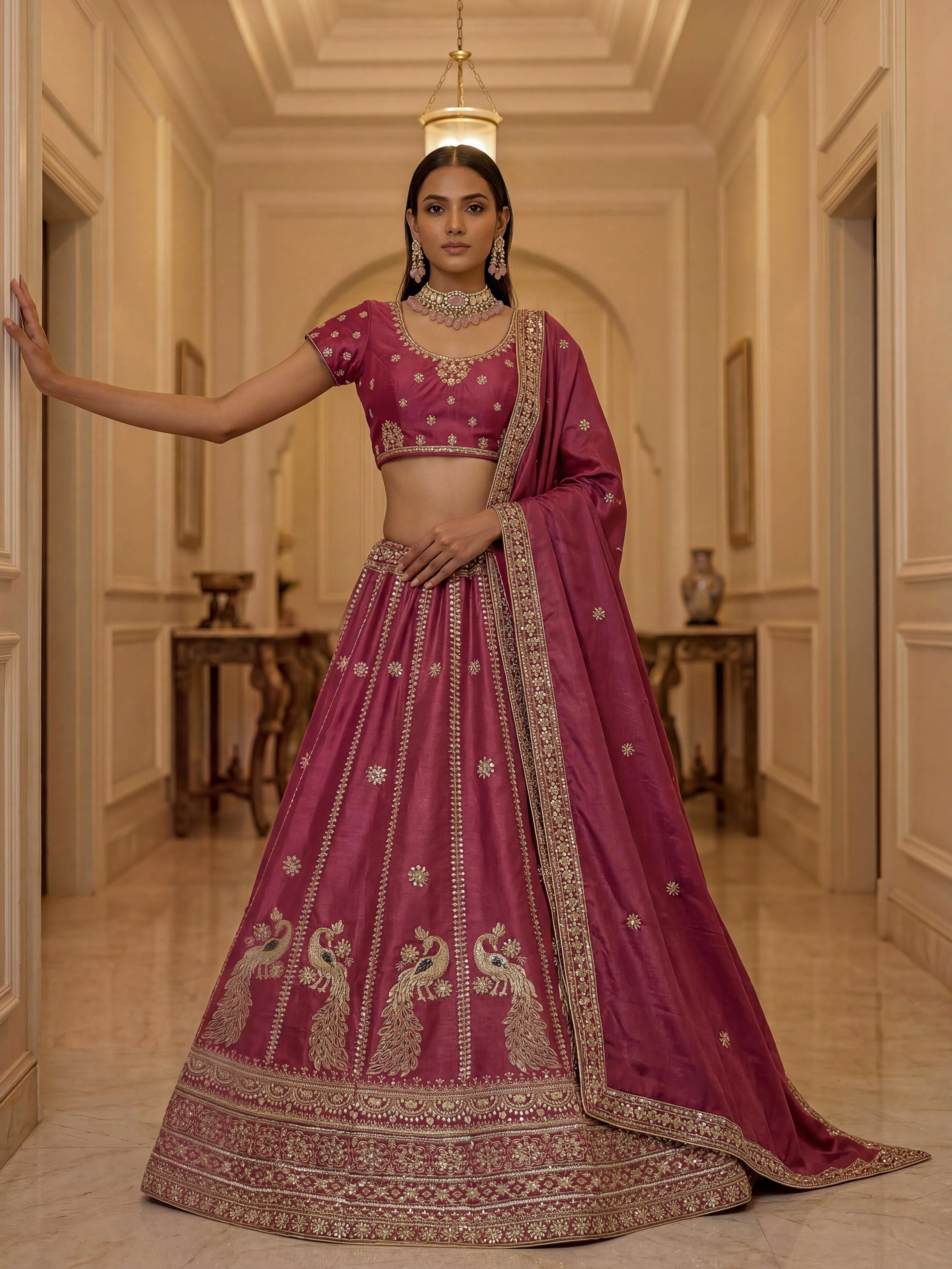 Pink Pure Soft Silk Heavy Sequins Zari Embroidery Thread Work Lehenga Choli
