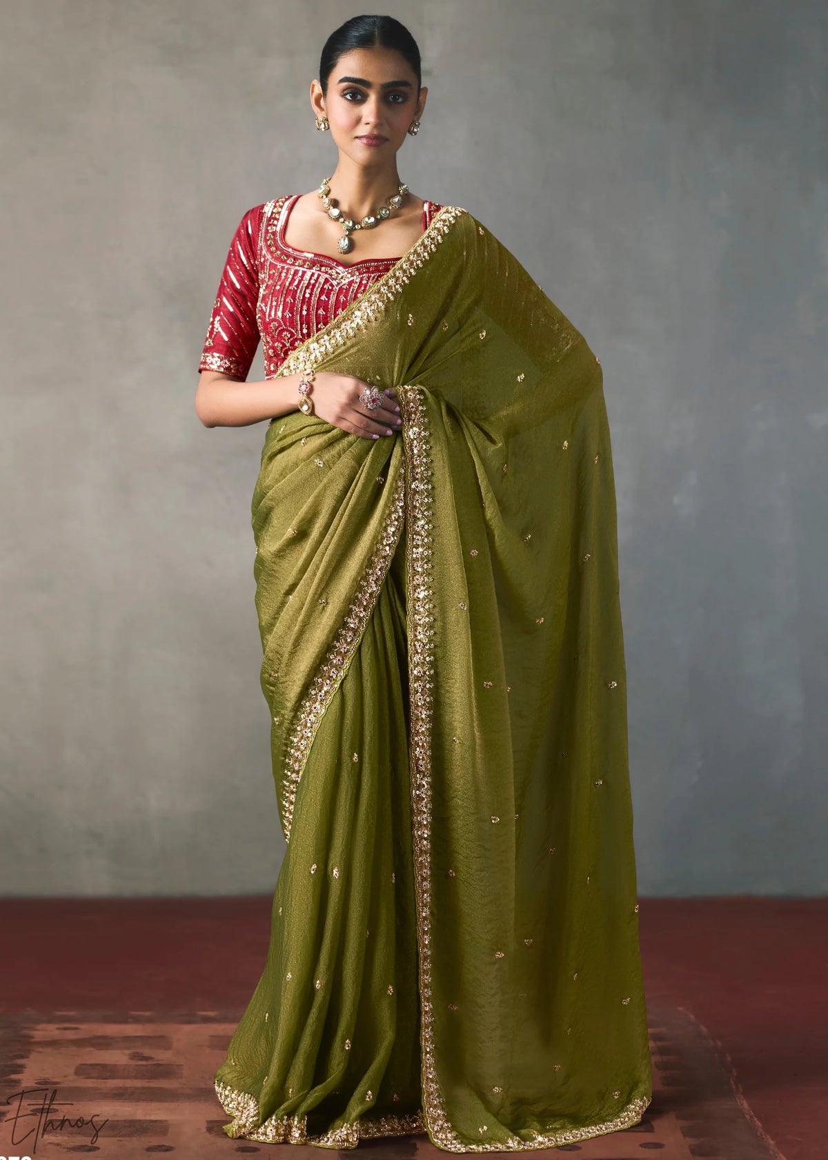Olive Green Silk Blend Saree with Beads & Cutdana Work