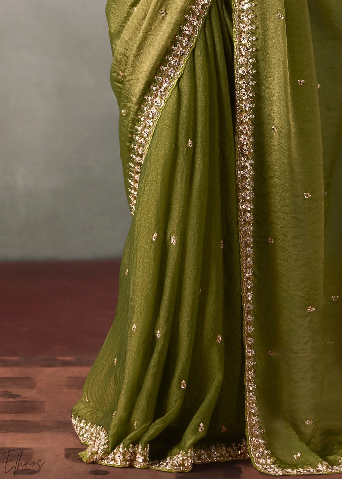 Olive Green Silk Blend Saree with Beads & Cutdana Work