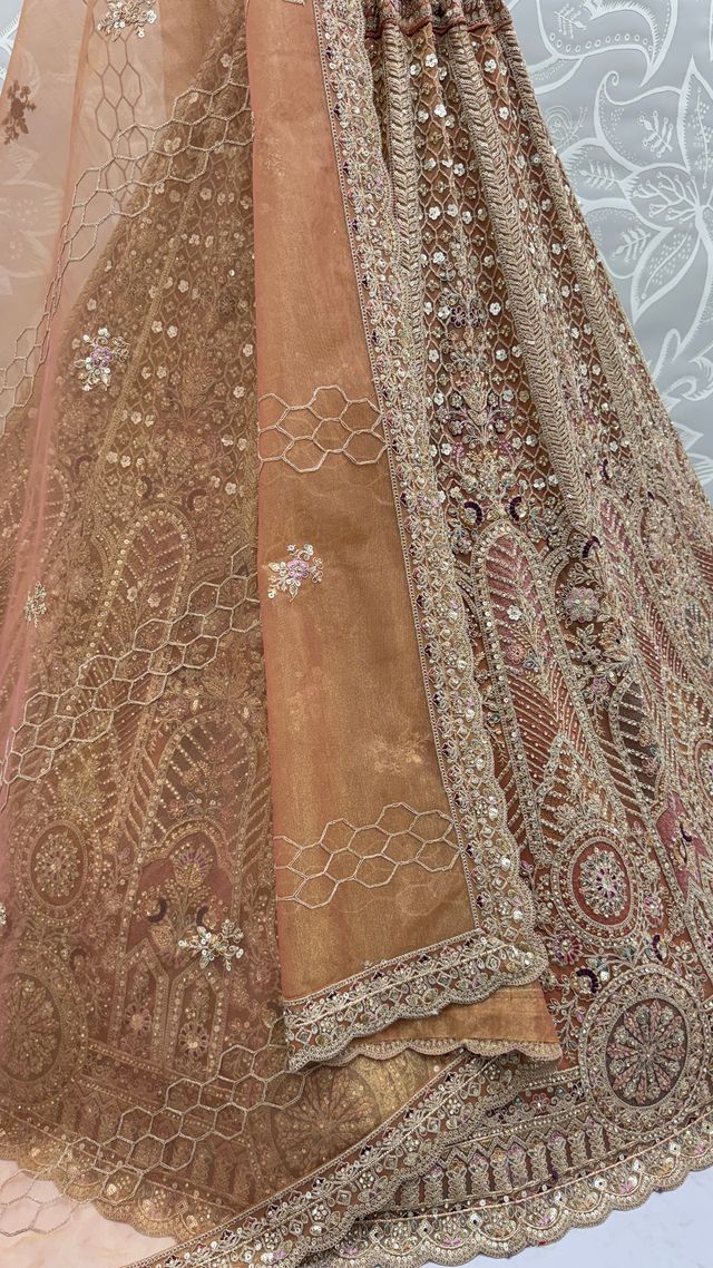 Orange Pure Soft Heavy Net Sequins Embroidery Work Bridal Lehenga