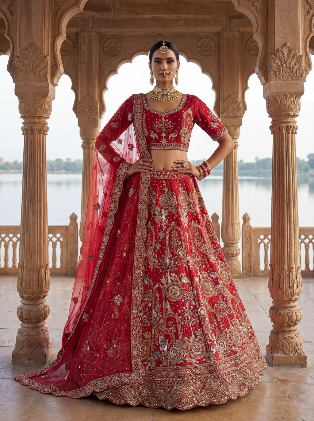 Red Pure Soft Silk Heavy Embroidery Work Bridal Lehenga