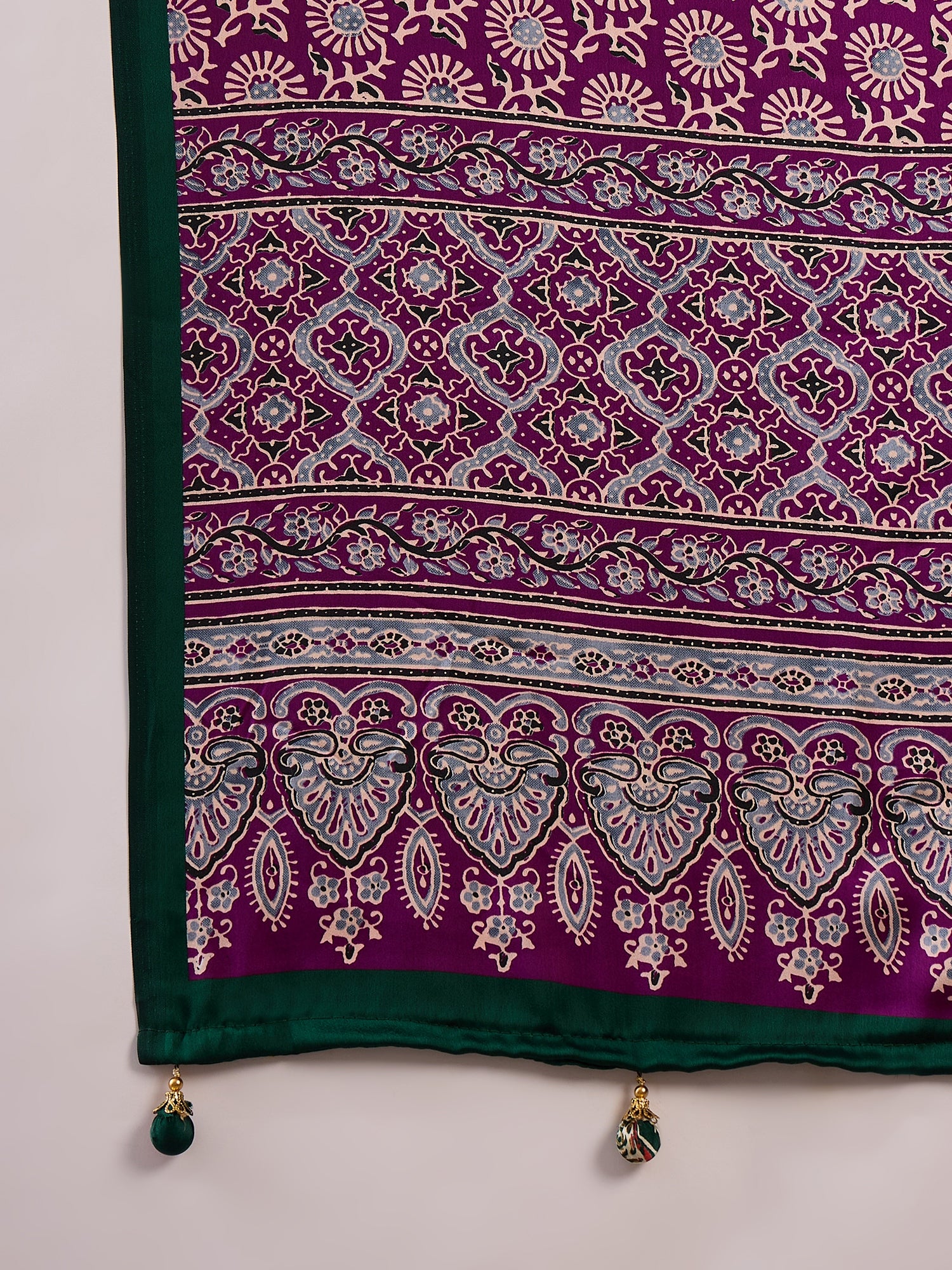 Emerald Green Semi Modal Traditional Printed Saree with Purple Border