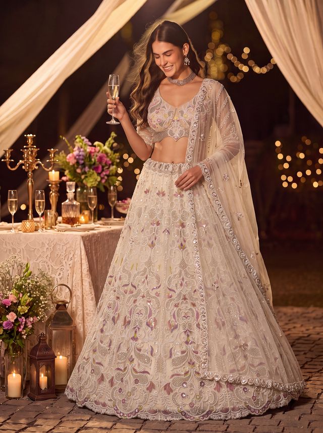 White Pure Heavy Net Motif Handwork Zari Sequins Work Bridal Lehenga Choli