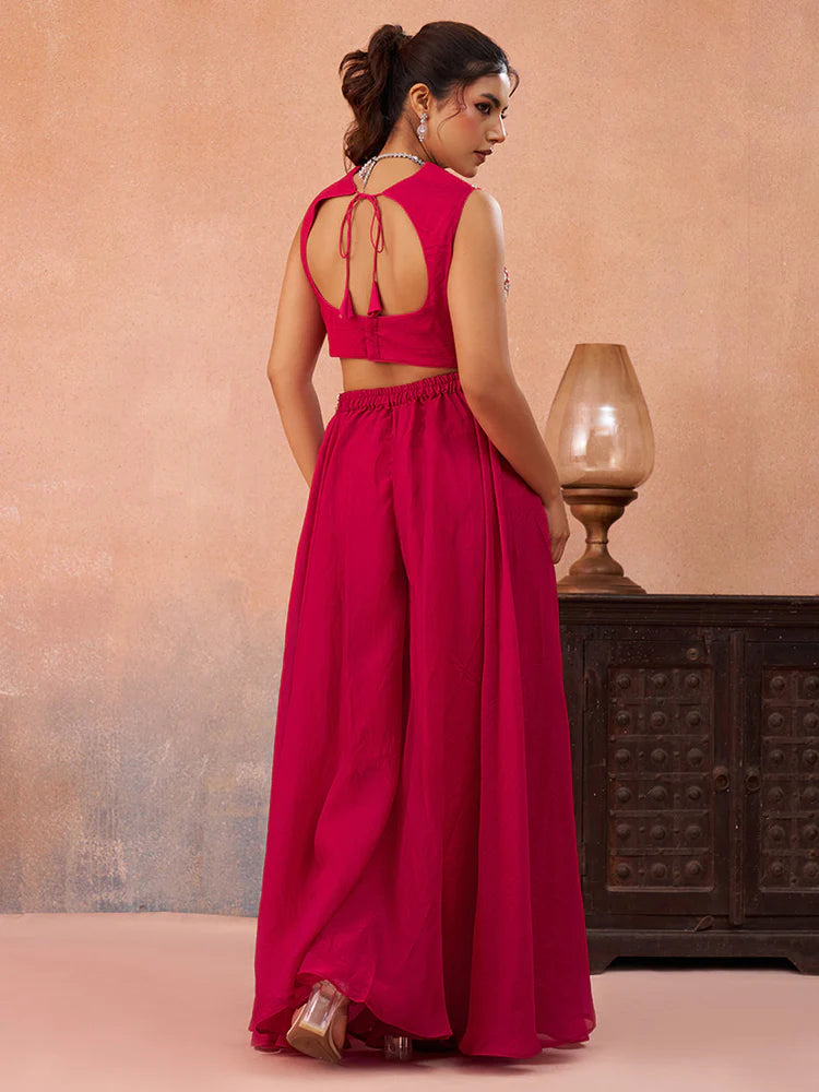 Pink Organza Embroidered Co-Ord Set with Cape for Women