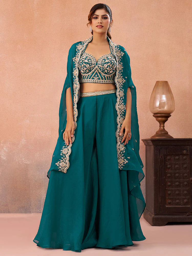Teal Blue Organza Embroidered Co-Ord Set with Cape for Women