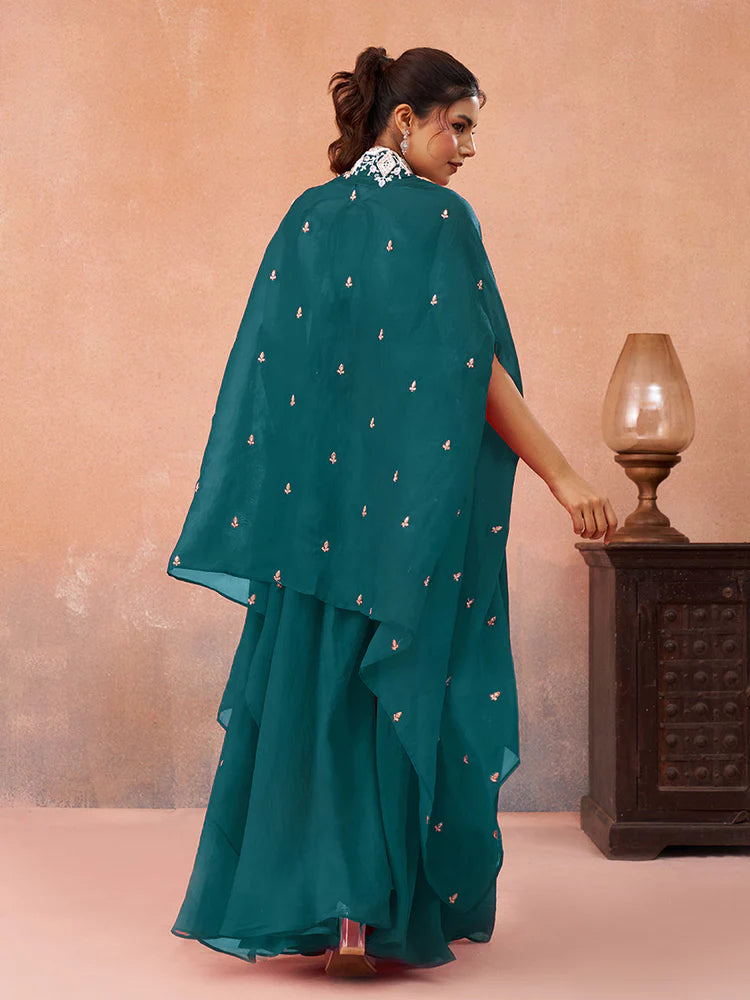 Teal Blue Organza Embroidered Co-Ord Set with Cape for Women
