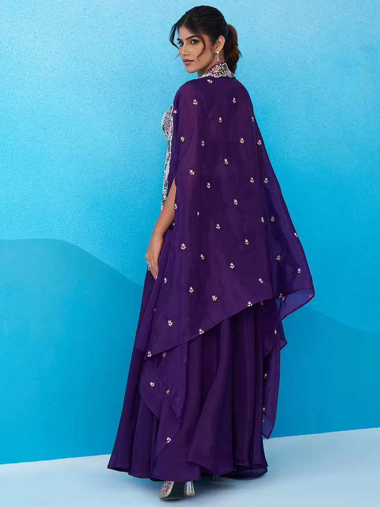 Purple Crepe Co-Ord Set with Embroidered Crop Top