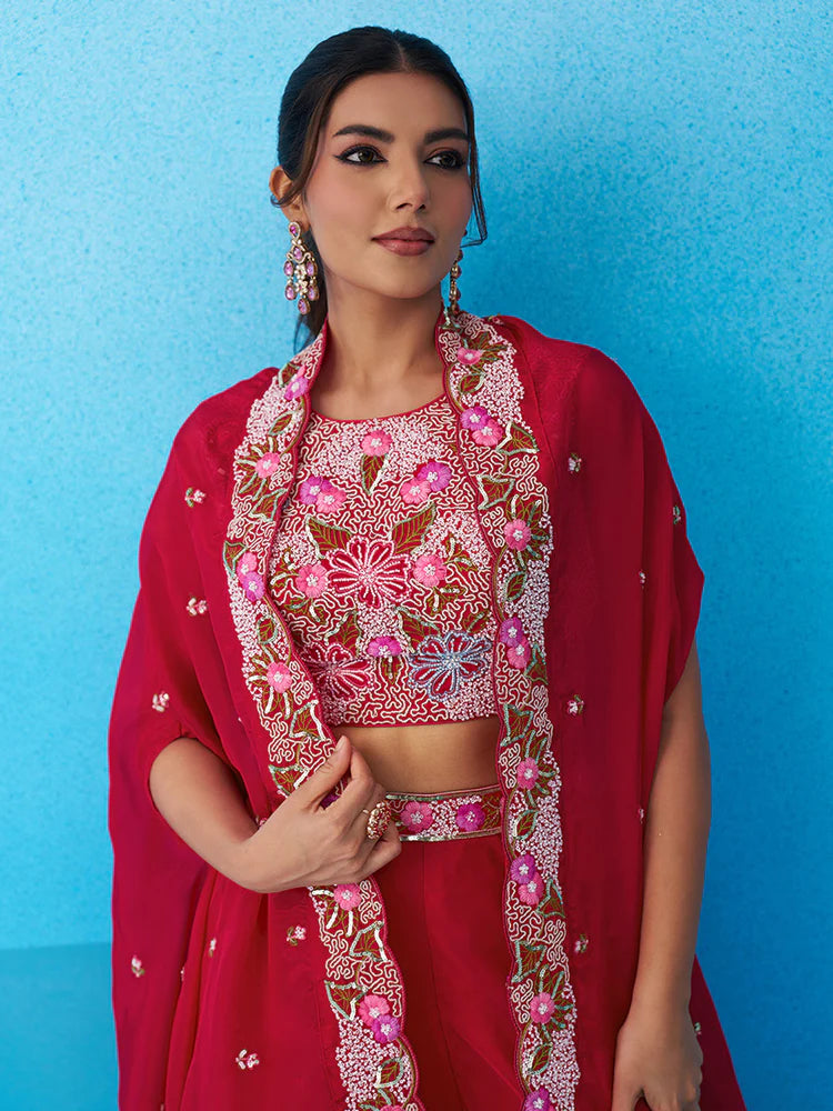 Rani Pink Crepe Co-Ord Set with Embroidered Crop Top