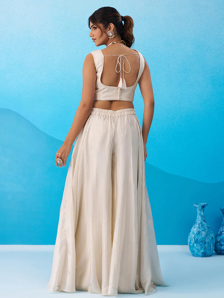 Cream & Sky Blue Embroidered Co-Ord Set with Cape for Women
