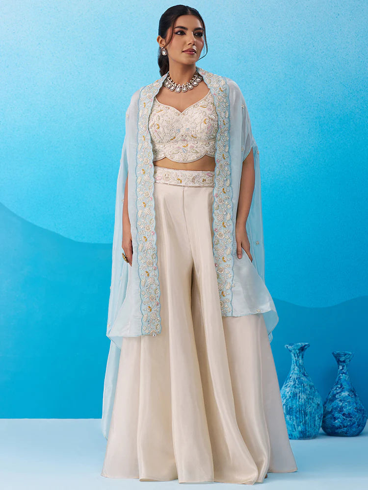 Cream & Sky Blue Embroidered Co-Ord Set with Cape for Women