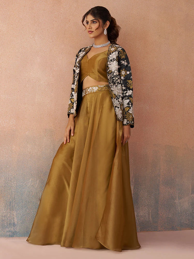 Golden Mustard Co-Ord Set with Black Embroidered Jacket