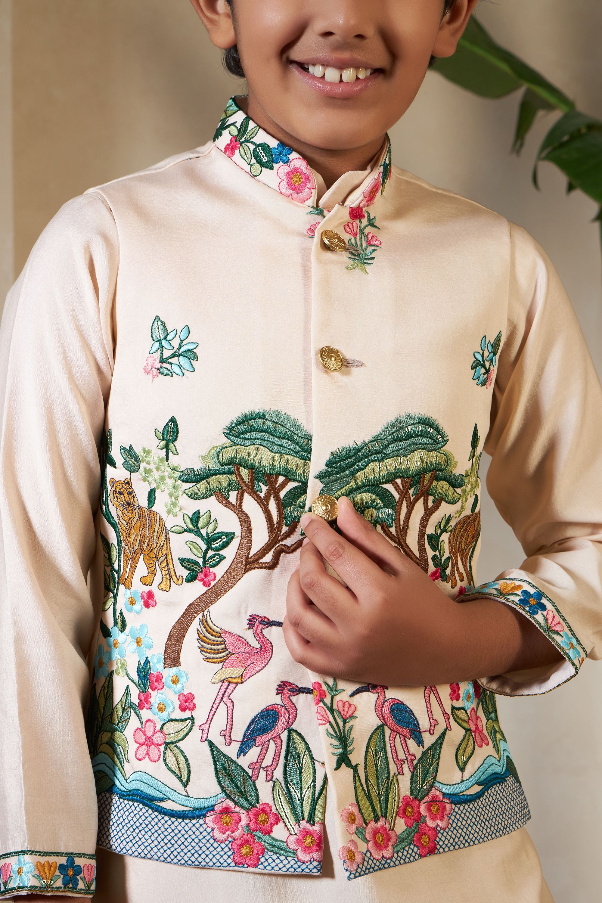 Chiku Pure Viscose Silk Silk Kids Boy Kurta Pajama With Koti Jacket