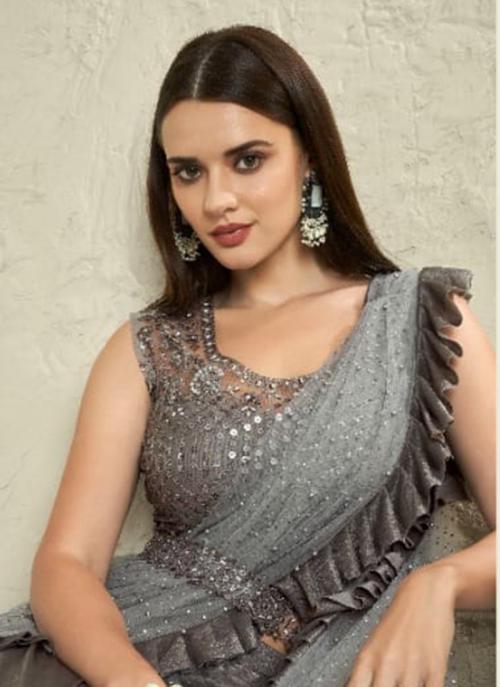 Beautiful Designer Party Wear Grey Imported Sartin Silk Saree