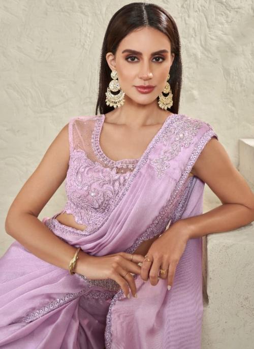 Beautiful Designer Party Wear Lavender Imported Sartin Silk Saree
