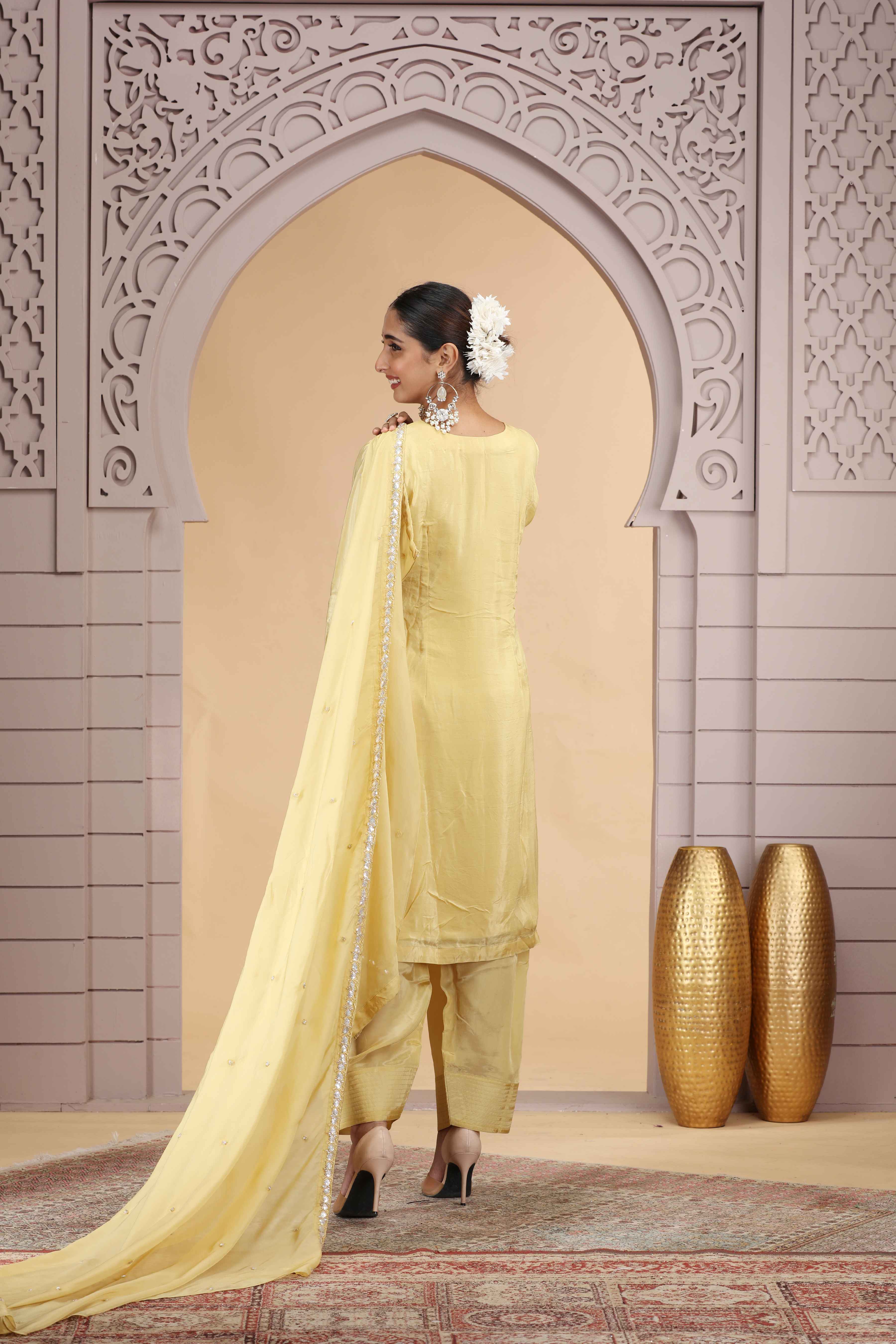 Yellow Satin Silk Straight Suit with Farsi Pant & Chiffon Dupatta Straight Suit Anant Tex Exports Pvt.Ltd..