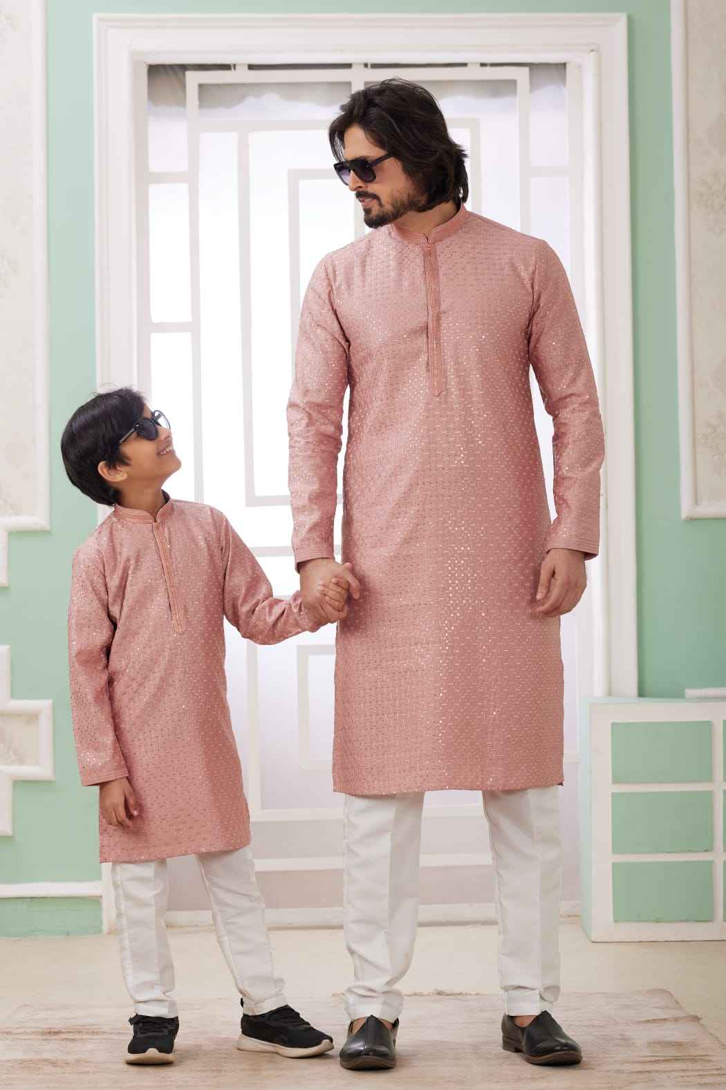 Peach Pure Art Banarasi Silk Thread Work Kurta Pajama Father and Son Matching Combo Set