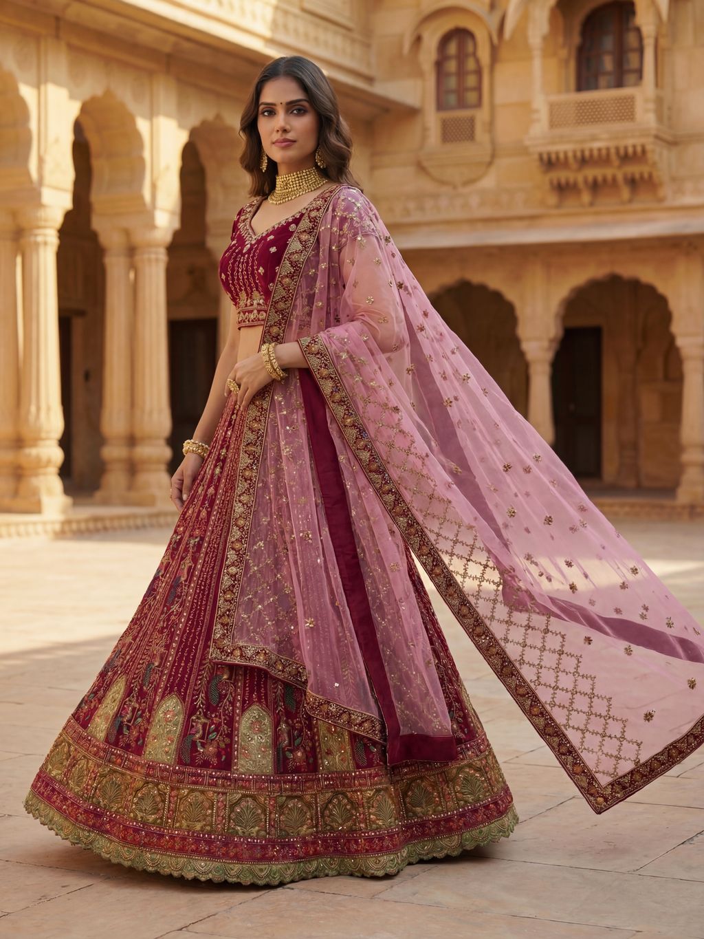 Pink Pure Soft Velvet Heavy Embroidery Patch Work Bridal Lehenga