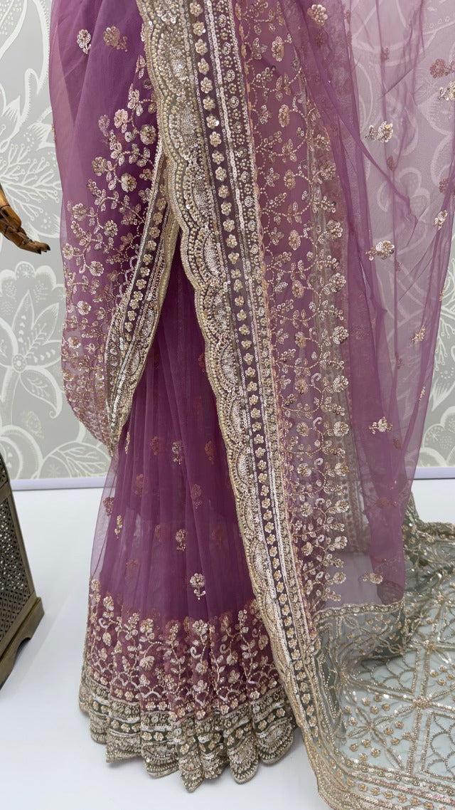 Purple Pure Premium Net Handwork Kasti & Motif Zari Metallic Sequins Work Wedding Saree