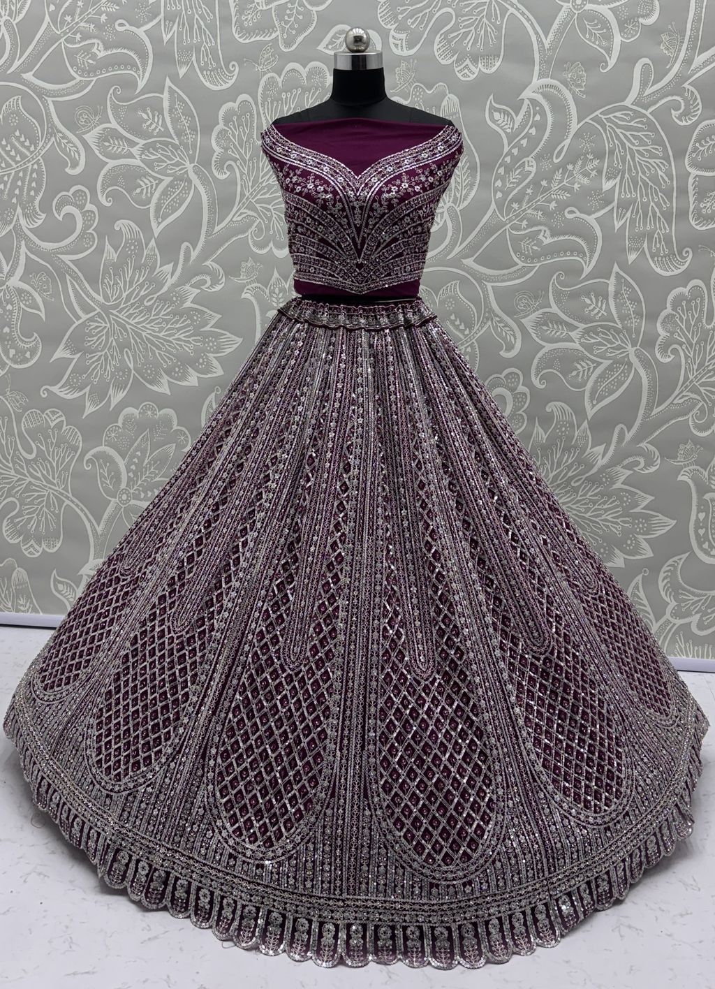 Purple Pure Soft Net Heavy Embroidery Work Bridal Lehenga