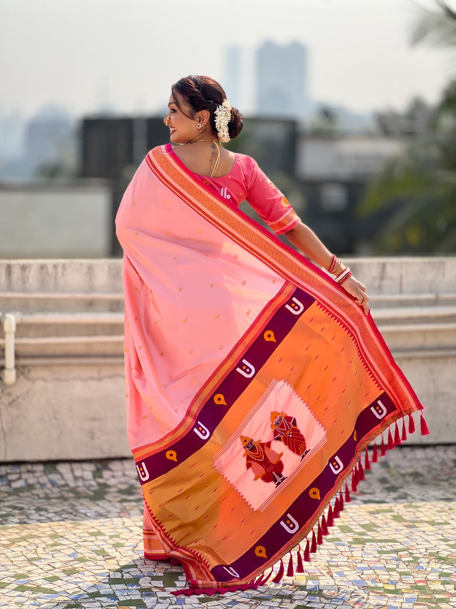 Pink Pure Rakhumai Silk Vitthala Paithani Soft Silk Saree